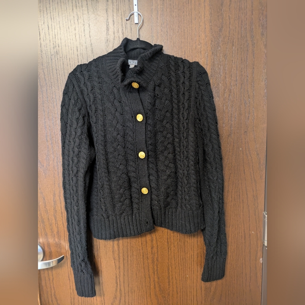 J. Crew Women Cable Knit Ruffle Neck Cardigan Sweater Size Large Black Gold NWOT